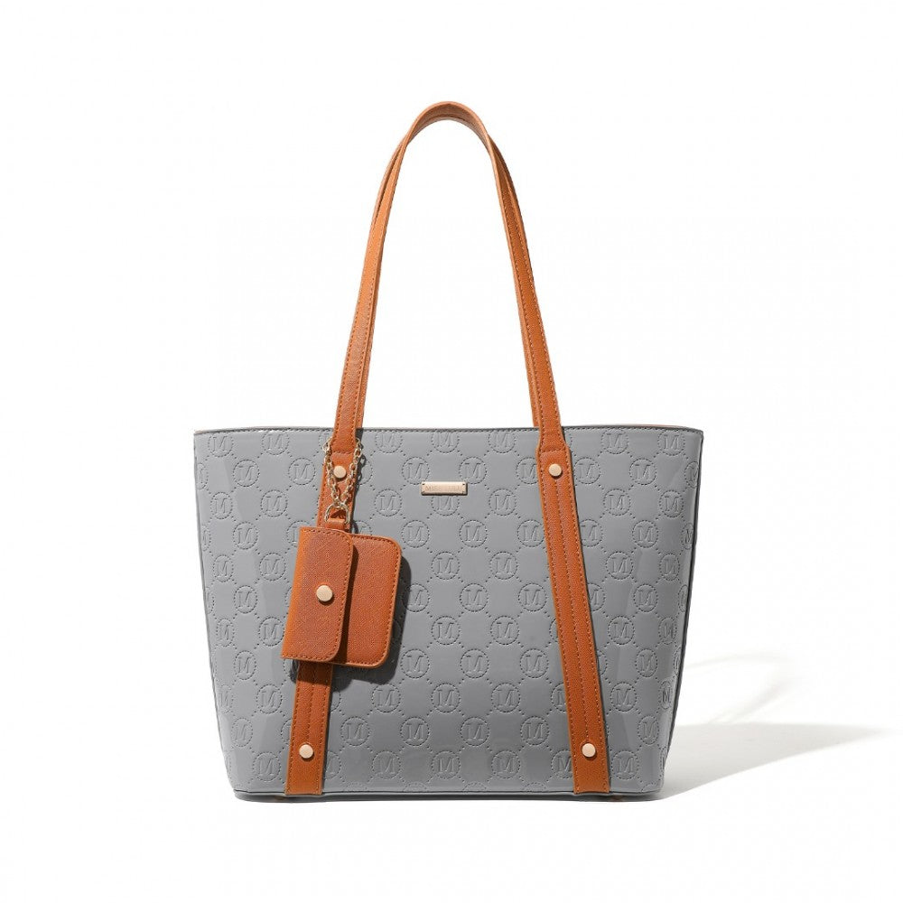 LD2217 - MISS LULU 4 PIECES GLOSSY LEATHER TOTE BAG SET - GREY AND BROWN