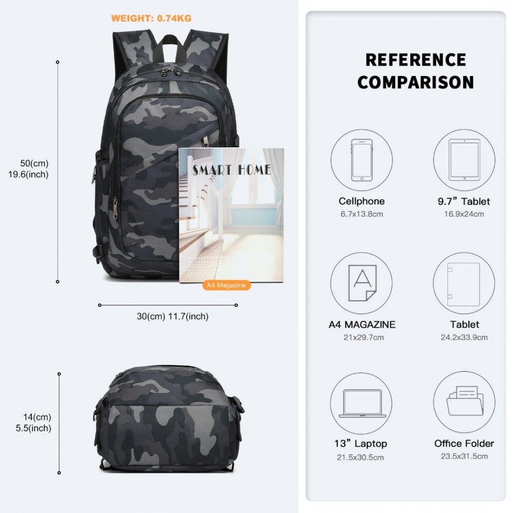 E6715 - KONO BUSINESS LAPTOP BACKPACK WITH USB CHARGING PORT - CAMO