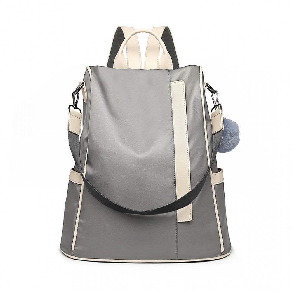 LG6917 - MISS LULU TWO WAY ANTI-THEFT BACKPACK WITH POM POM PENDANT - LIGHT GREY