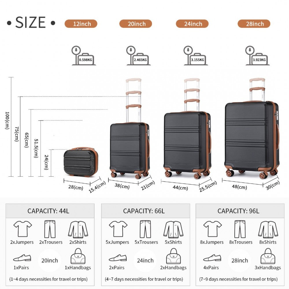 K1871-1L - KONO ABS SCULPTED HORIZONTAL DESIGN 4 PCS SUITCASE SET WITH VANITY CASE - BLACK AND BROWN