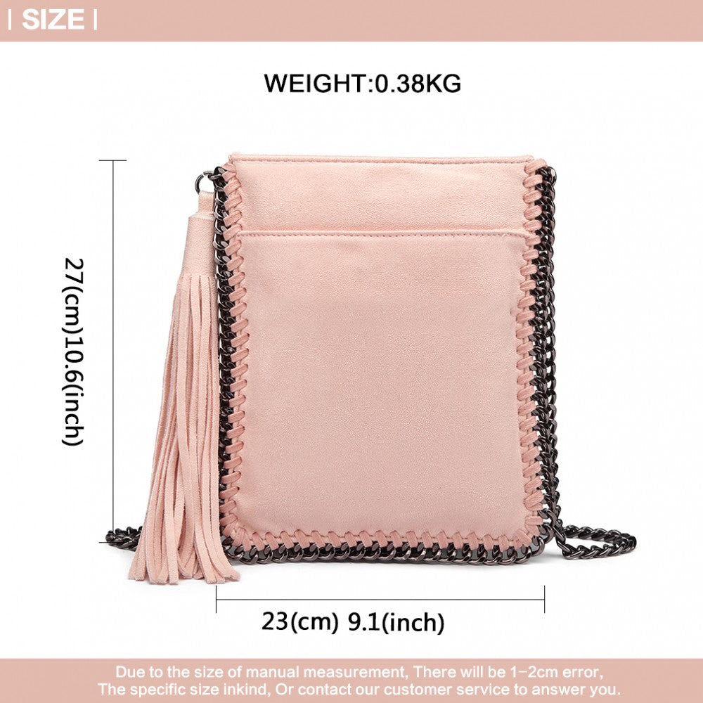 E6845 - MISS LULU LEATHER LOOK CHAIN SHOULDER BAG WITH TASSEL PENDANT - PINK