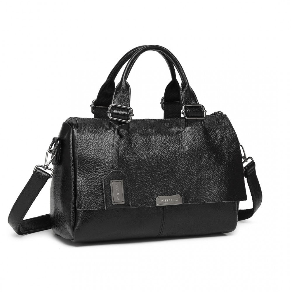 L2332 - MISS LULU PERFECT FUSION OF GENUINE AND PU LEATHER WOMEN'S TOTE CROSSBODY BAG - BLACK