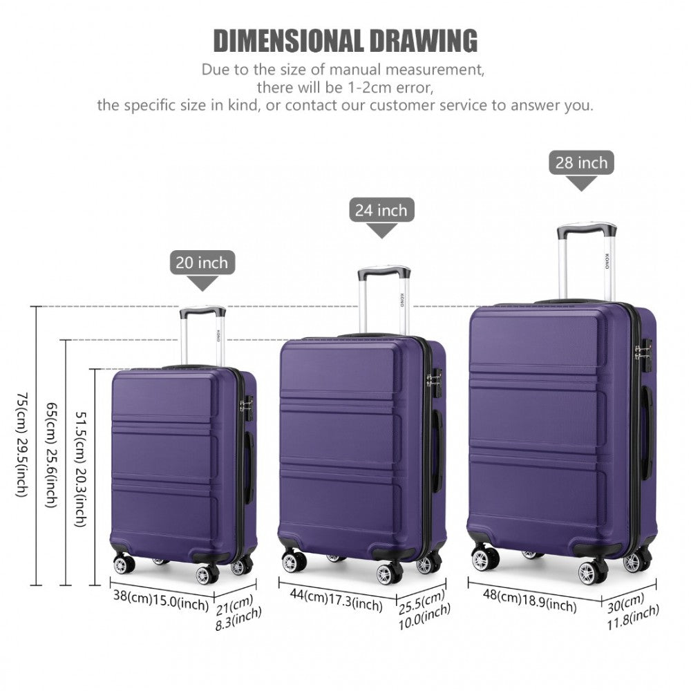 K1871-1L - KONO ABS SCULPTED HORIZONTAL DESIGN 3 PIECE SUITCASE SET - PURPLE