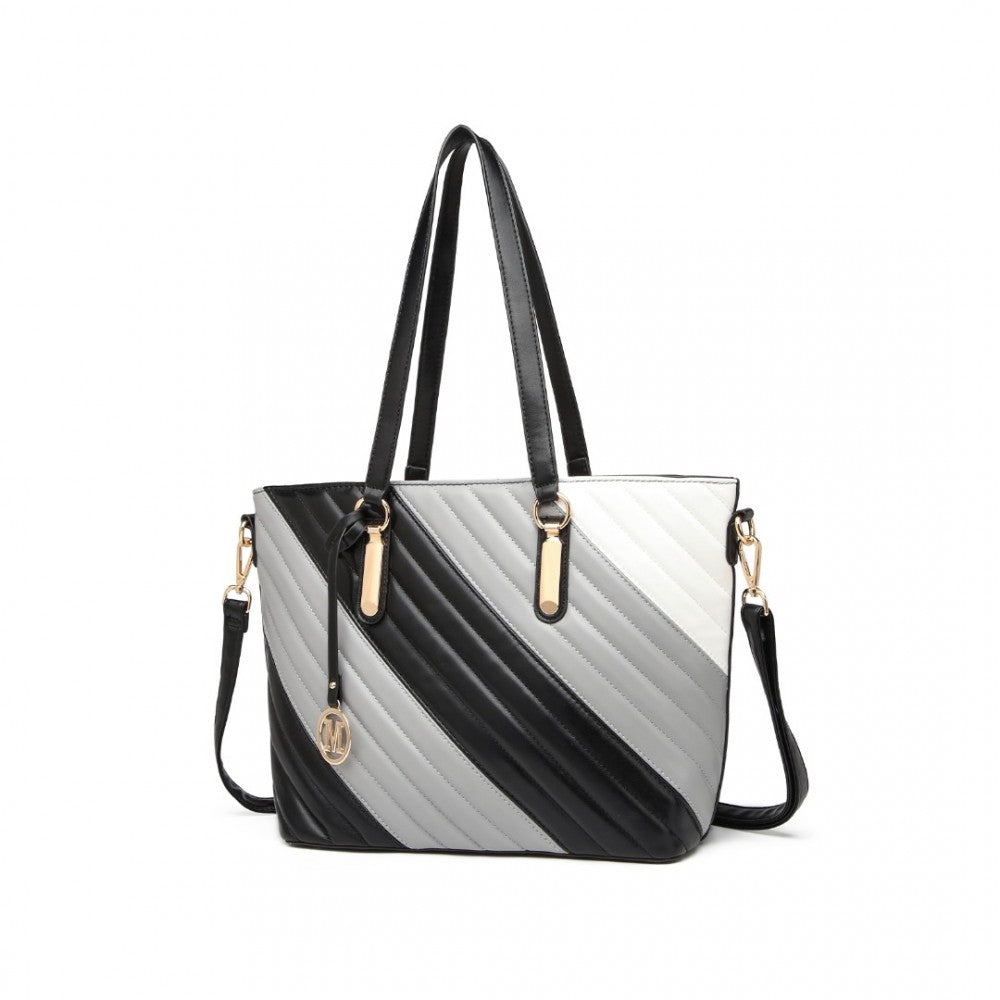 LT2225 - MISS LULU CONTRAST COLOUR TWILL LEATHER HANDBAG TOTE BAG - BLACK AND GREY