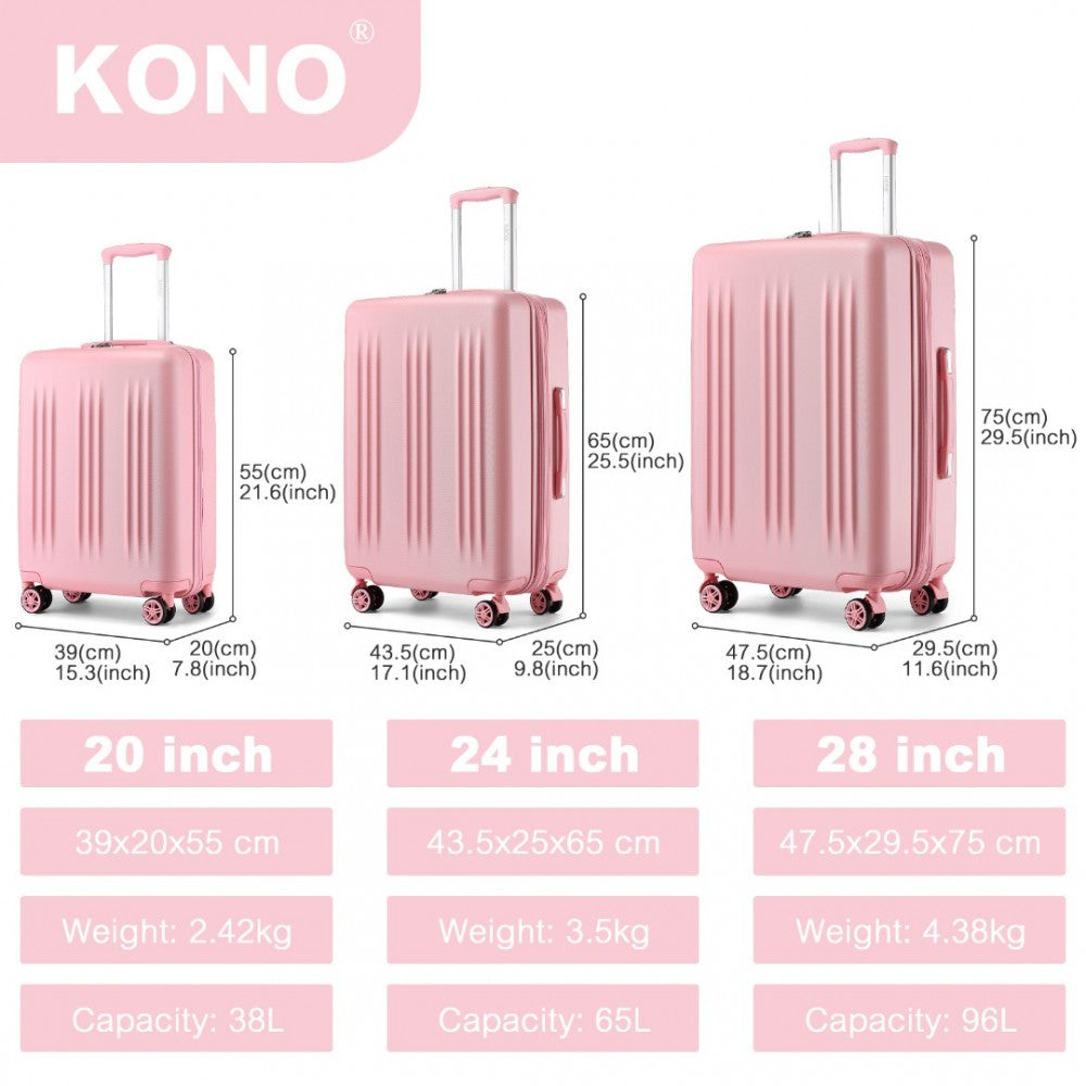 KSK2483 - KONO 3 PIECE LUGGAGE SET 20/24/28 INCH SLEEK STRIPED EXPANDABLE ABS+PC SUITCASE WITH TSA LOCK AND FOUR SPINNER WHEELS - PINK