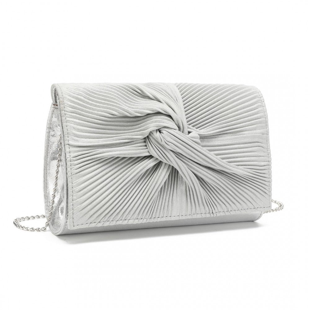 LH2252 - MISS LULU WOMEN'S PLEATED BOW EVENING BAG CLUTCH HANDBAG - SILVER