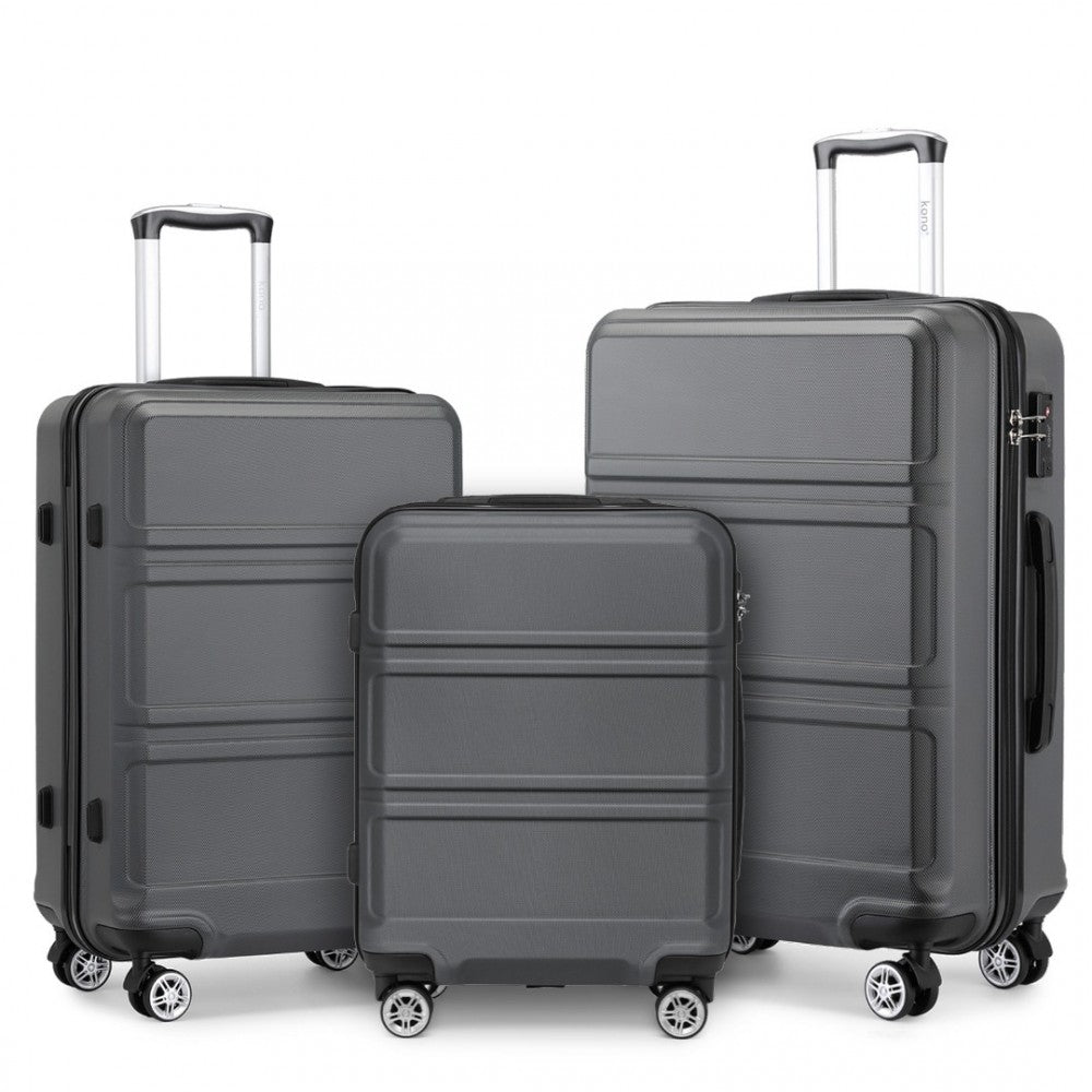 K1871-1L - KONO ABS SCULPTED HORIZONTAL DESIGN 3 PIECE SUITCASE SET - GREY