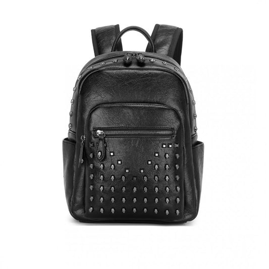 LG2414 - MISS LULU FASHION PU LEATHER SKULL STUDDED BACKPACK DESIGNER URBAN CHIC ROCK STYLE STYLISH CITY BACKPACK WITH DETAILED STUDS - BLACK