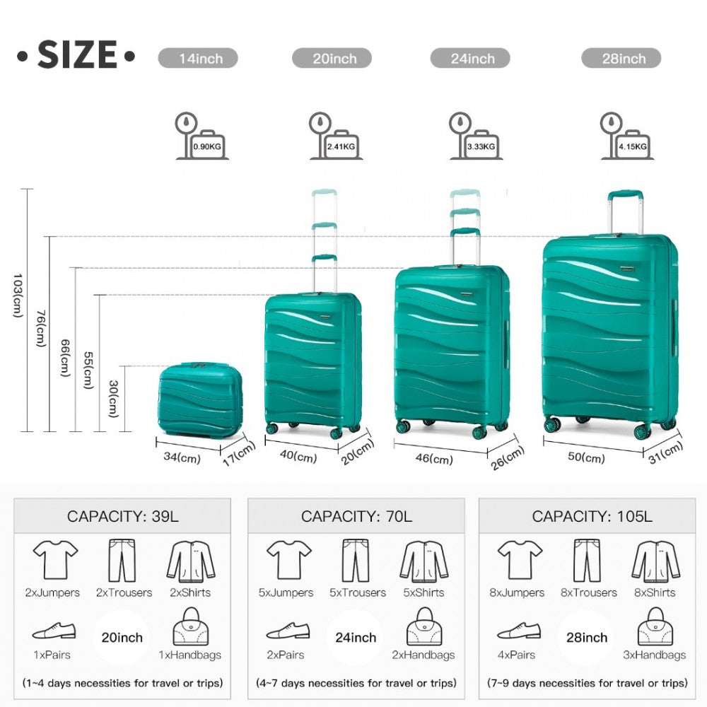 K2094L - SET DE VALIZE DIN POLIPROPILEN UȘOR KONO CU 4 PIESE, CU ÎNCHIDERE TSA ȘI CAZ DE TOALETĂ - TEAL