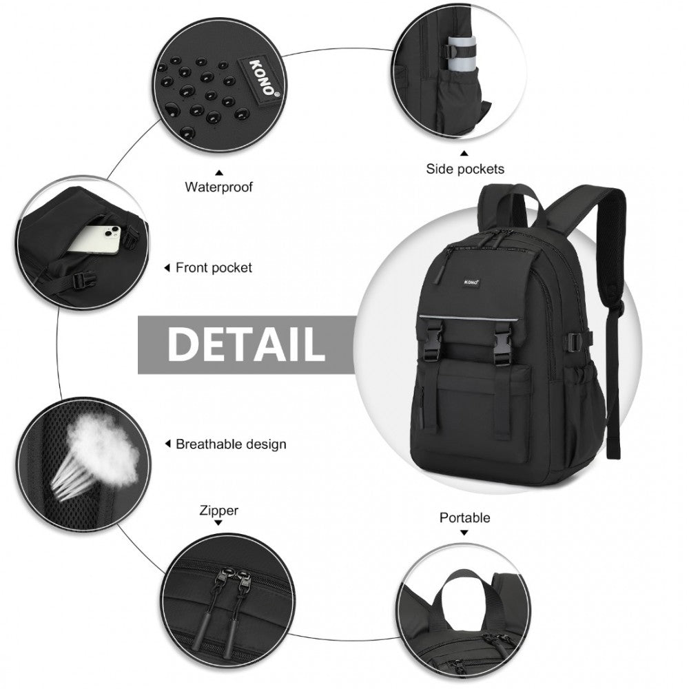 EQ2416 - KONO PVC COATED URBAN WATER-RESISTANT BACKPACK WITH REFLECTIVE SAFETY STRAPS AND MULTI-COMPARTMENT DESIGN - BLACK