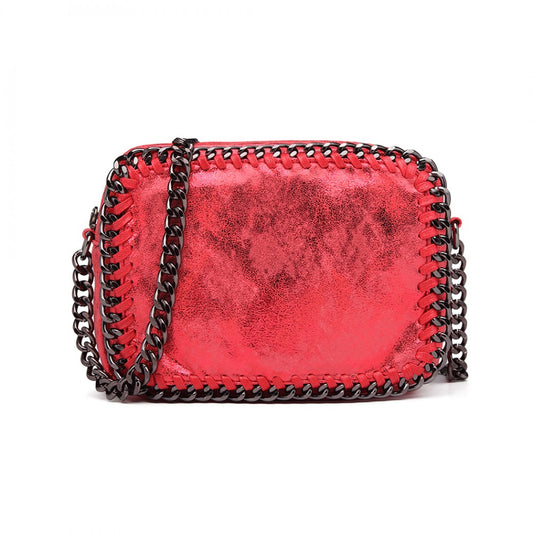 E6846 - MISS LULU METALLIC EFFECT LEATHER LOOK CHAIN SHOULDER BAG - RED