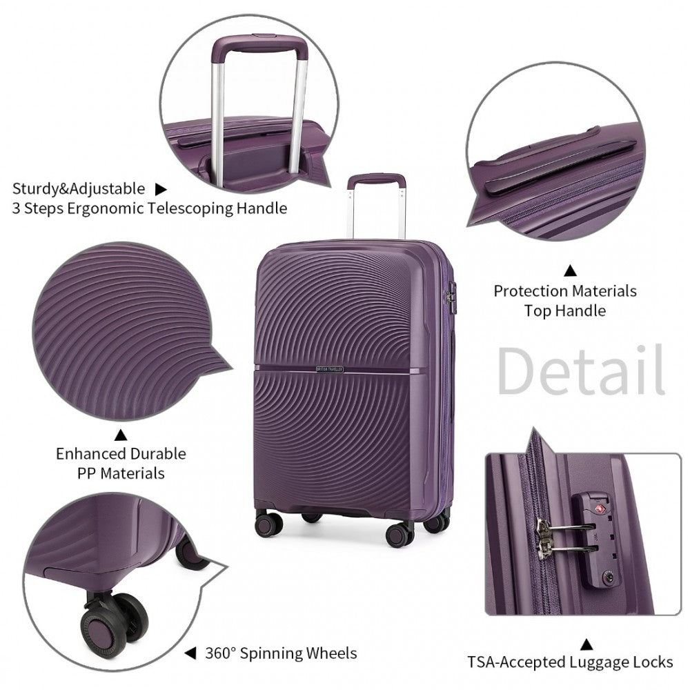 K2393L - SET DE 3 PIESE BRITISH TRAVELLER VALIZĂ SPINNER DIN COAJĂ DURA PP CU ÎNCHIDERE TSA - MOV