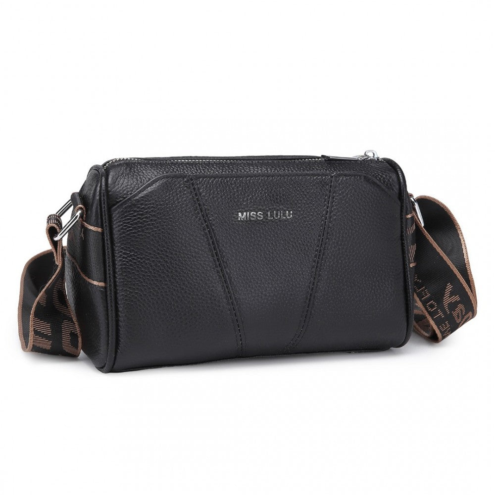 L2310 - MISS LULU SIMPLE AND ELEGANT WIDE STRAP GENUINE LEATHER CROSSBODY BAG - BLACK