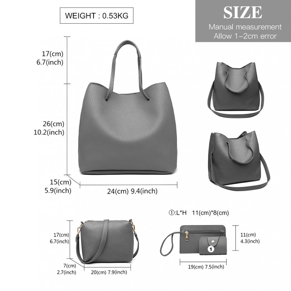 LB1937 - MISS LULU 4 PIECE SET SHOULDER TOTE HANDBAG - GREY