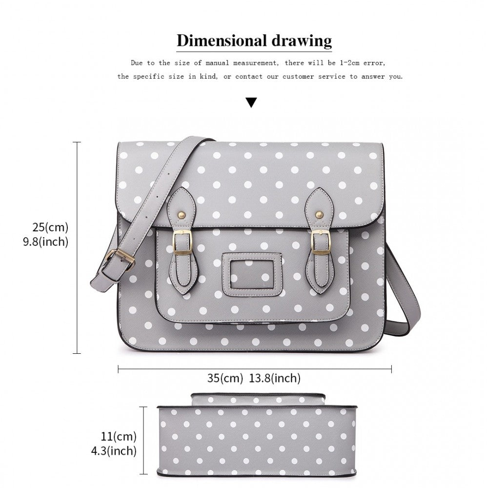 LT1665D2 - MISS LULU POLKA DOT LEATHER LOOK SCHOOL WORK SATCHEL GREY