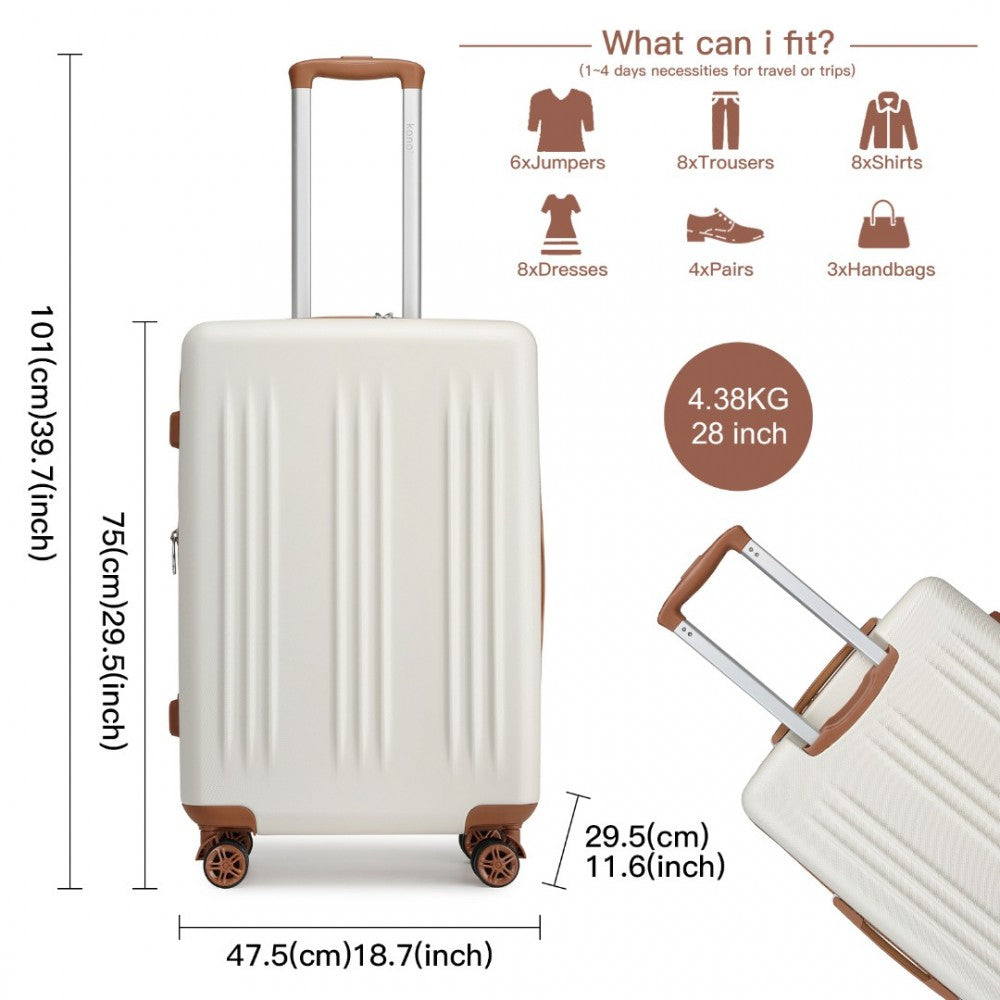 KSK2483 - KONO 28 INCH SLEEK STRIPED CHECK-IN SUITCASE EXPANDABLE DURABLE ABS+PC LUGGAGE WITH FOUR SPINNER WHEELS TSA LOCK - CREAM AND BROWN