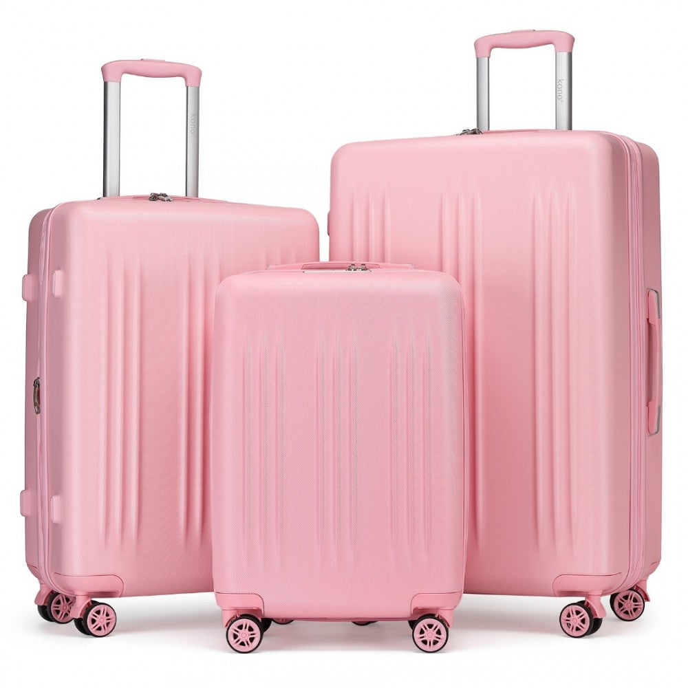 KSK2483 - KONO 3 PIECE LUGGAGE SET 20/24/28 INCH SLEEK STRIPED EXPANDABLE ABS+PC SUITCASE WITH TSA LOCK AND FOUR SPINNER WHEELS - PINK