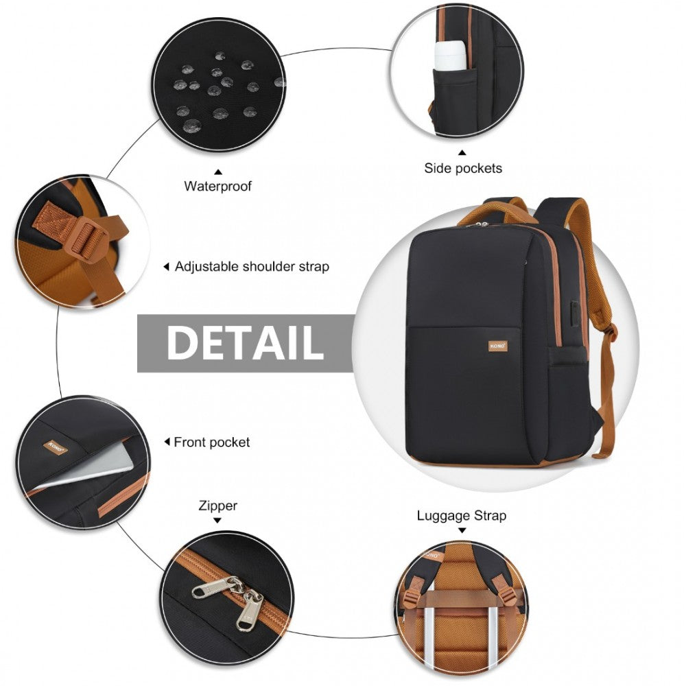 BPK2433 - KONO WATER-RESISTANT LAPTOP BACKPACK WITH USB CHARGING BUSINESS RUCKSACK FOR TRAVEL COMMUTER FEATURES INCLUDES MATCHING POUCH 2 PC SET - BLACK AND BROWN