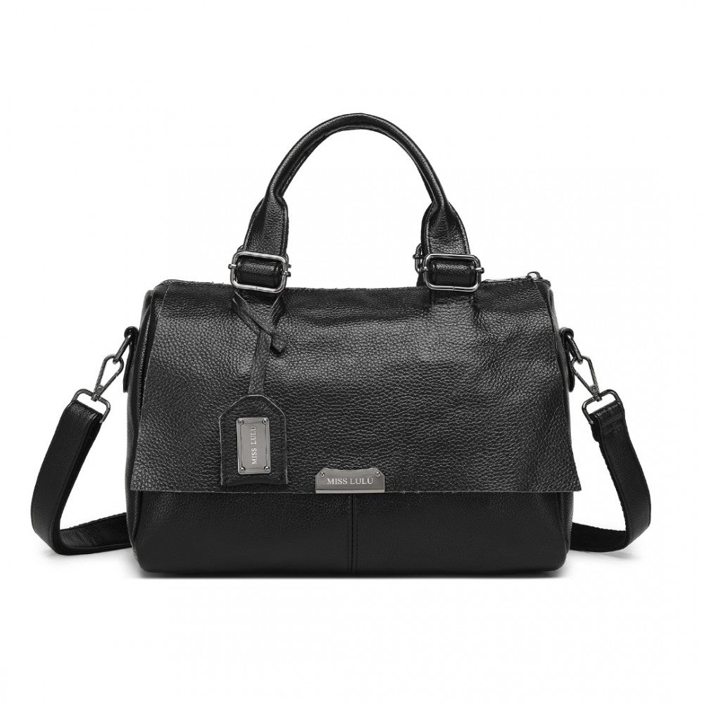 L2332 - MISS LULU PERFECT FUSION OF GENUINE AND PU LEATHER WOMEN'S TOTE CROSSBODY BAG - BLACK