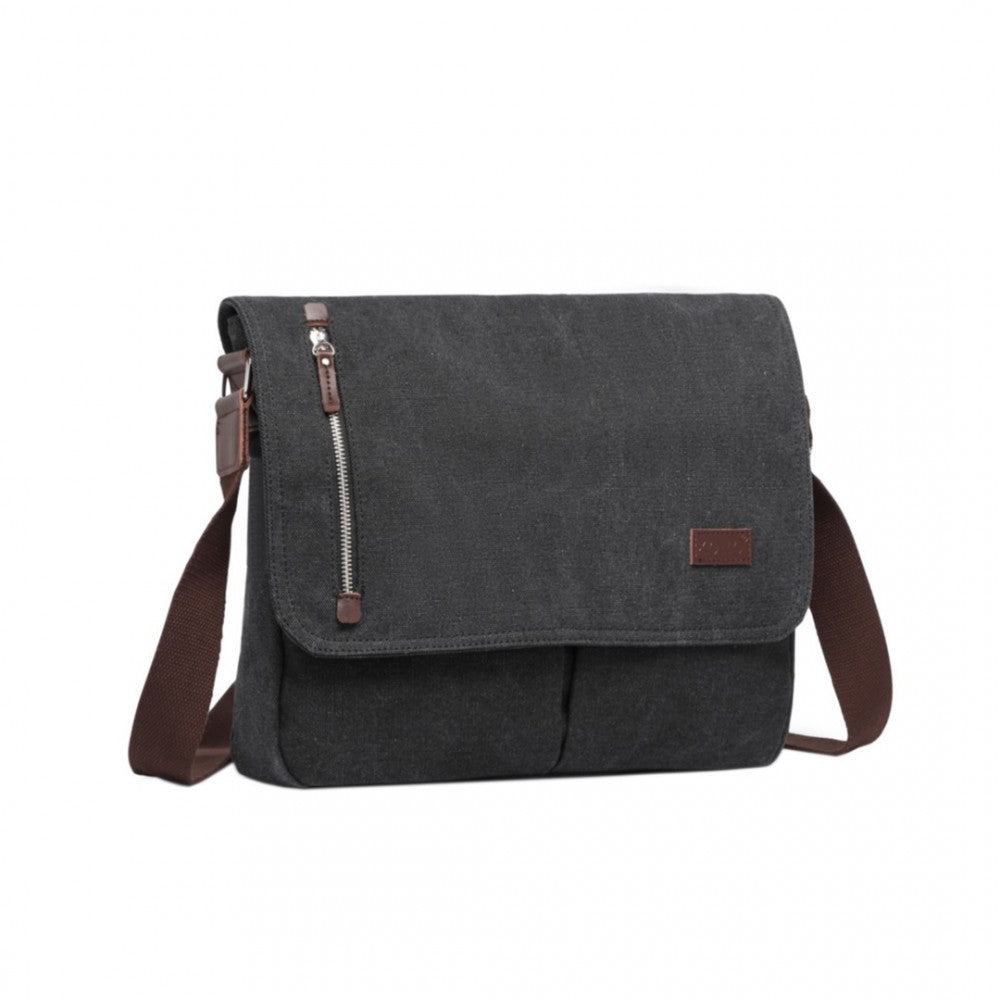 MSK2421 - KONO DURABLE CANVAS CROSSBODY BAG WITH VELCRO FLAP CLOSURE FOR EVERYDAY USE - BLACK