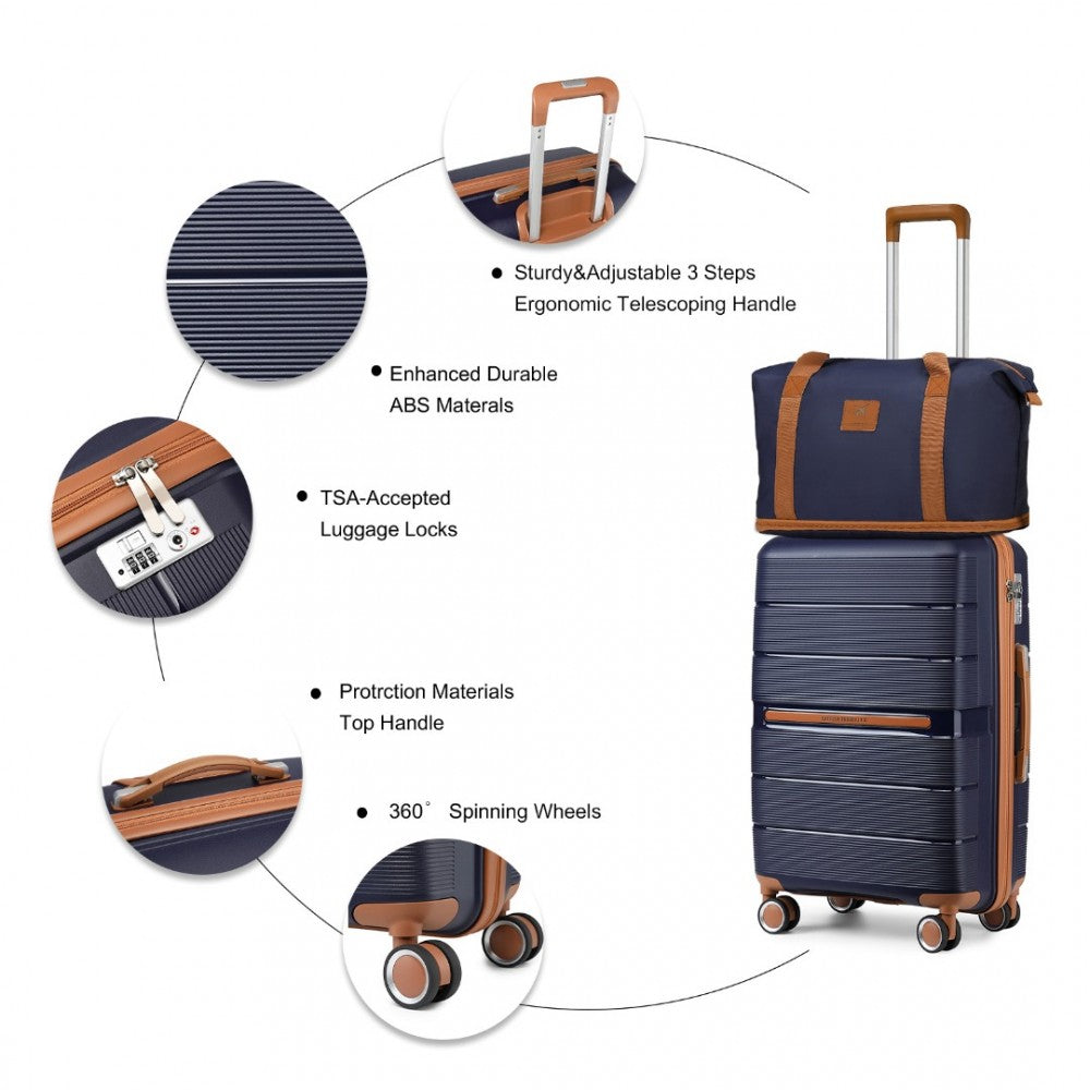 K2392L+S2366 - BRITISH TRAVELLER 20 INCH MULTI-TEXTURE POLYPROPYLENE CABIN SIZE SUITCASE 3 PIECE TRAVEL SET WITH TRAVEL TOTE AND COSMETIC POUCH - NAVY