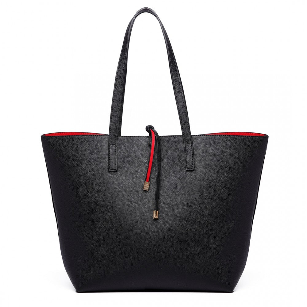 LT6628 - MISS LULU WOMEN REVERSIBLE CONTRAST SHOPPER TOTE BAG BLACK