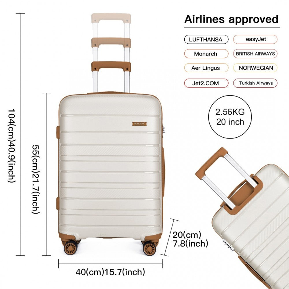 K2091L - KONO MULTI TEXTURE HARD SHELL PP SUITCASE 3 PIECES SET - CLASSIC COLLECTION - CREAM