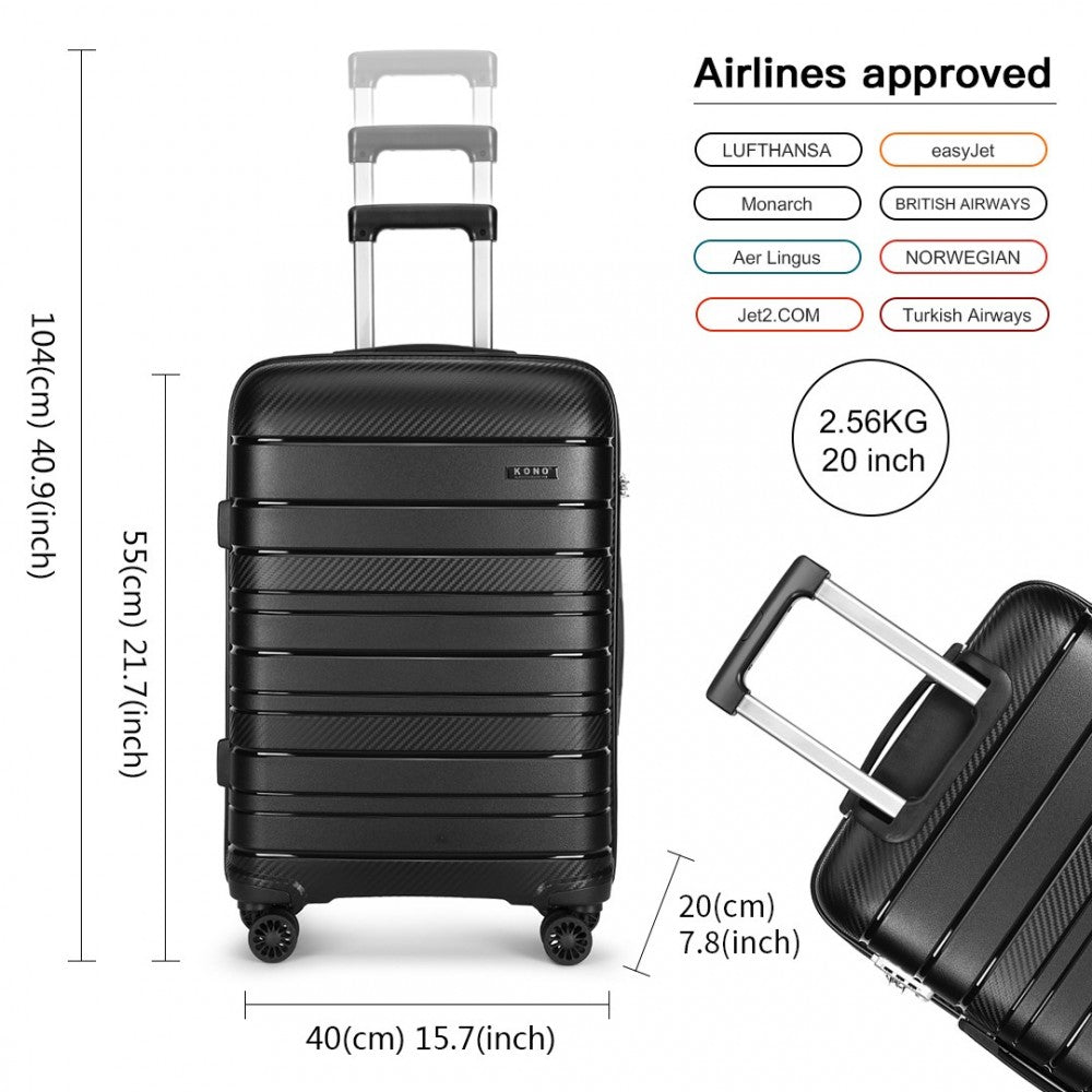 K2091L - KONO MULTI TEXTURE HARD SHELL PP SUITCASE 3 PIECES SET - CLASSIC COLLECTION - BLACK