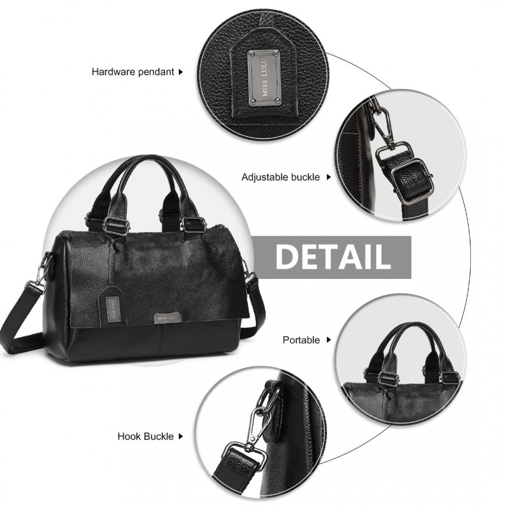 L2332 - MISS LULU PERFECT FUSION OF GENUINE AND PU LEATHER WOMEN'S TOTE CROSSBODY BAG - BLACK