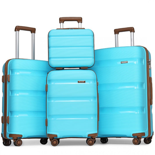 K2092L - KONO BRIGHT HARD SHELL PP SUITCASE WITH TSA LOCK AND VANITY CASE 4 PIECES SET - CLASSIC COLLECTION - BLUE AND BROWN