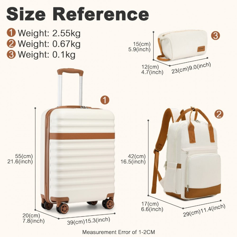 KSK2484+EQ2401 - KONO 20 INCH STYLISH HARD SHELL ABS+PC CABIN SUITCASE INCLUDED MULTI-COMPARTMENT BACKPACK WITH SMALL POUCH 3 PIECE TRAVEL SET - CREAM AND BROWN