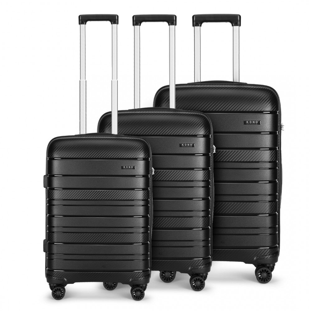 K2091L - KONO MULTI TEXTURE HARD SHELL PP SUITCASE 3 PIECES SET - CLASSIC COLLECTION - BLACK