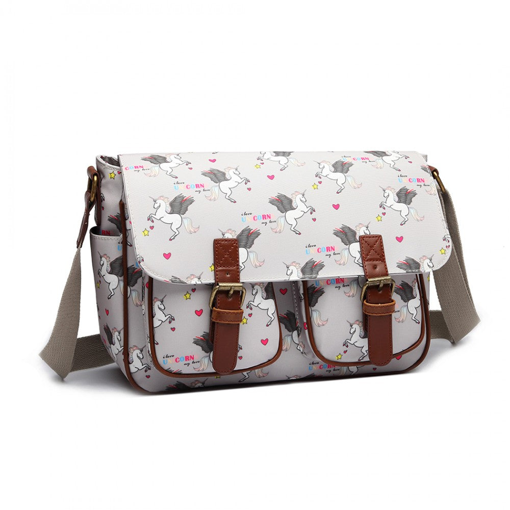 L1107 UN - MISS LULU MATTE OILCLOTH UNICORN SATCHEL - GREY