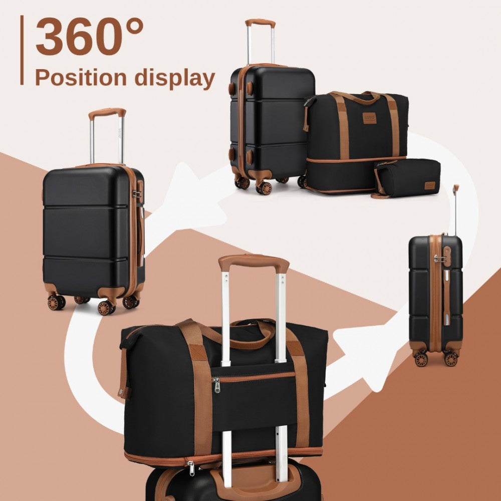 KSK2485+EA2212 - KONO 20 INCH PREMIUM ABS CABIN CARRY-ON SUITCASE SET WITH WEEKEND BAG AND TOILETRY BAG - BLACK AND BROWN