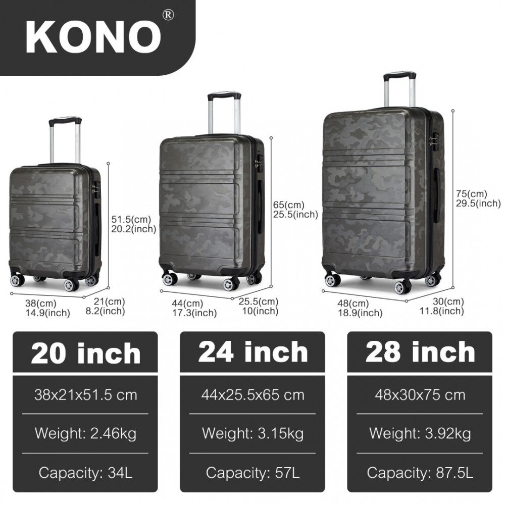 K1871-1L - KONO ABS SCULPTED HORIZONTAL DESIGN 3 PIECE SUITCASE SET - CAMOUFLAGE GREY AND BLACK