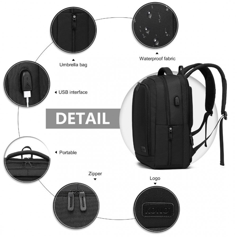 EM2111 - KONO MULTI-COMPARTMENT BACKPACK WITH USB PORT - BLACK