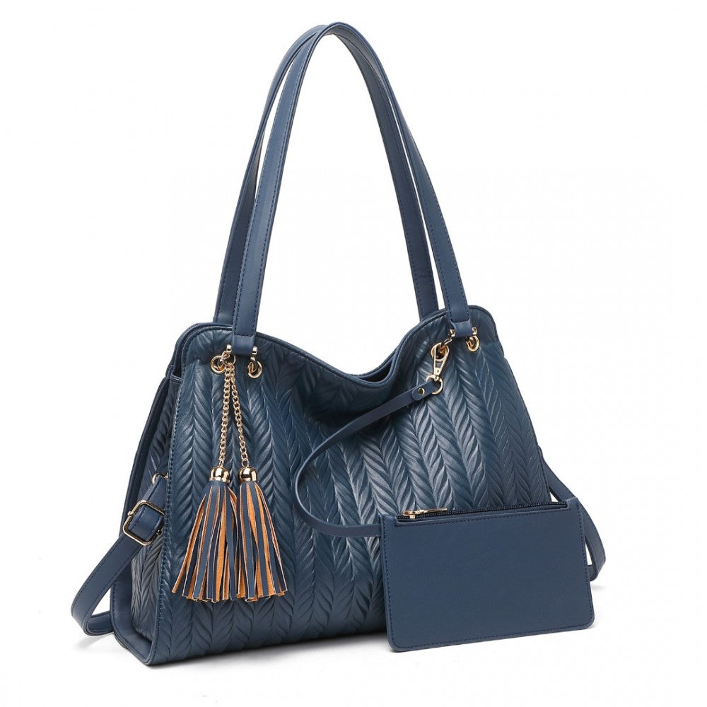 LG2339 - MISS LULU CHIC EMBOSSED TOTE WITH TASSEL DETAIL AND CARD POUCH - NAVY