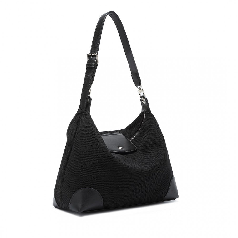 LD2364 - MISS LULU LIGHTWEIGHT CHIC MESH CASUAL SHOULDER BAG WITH PROTECTIVE PU ACCENTS - BLACK