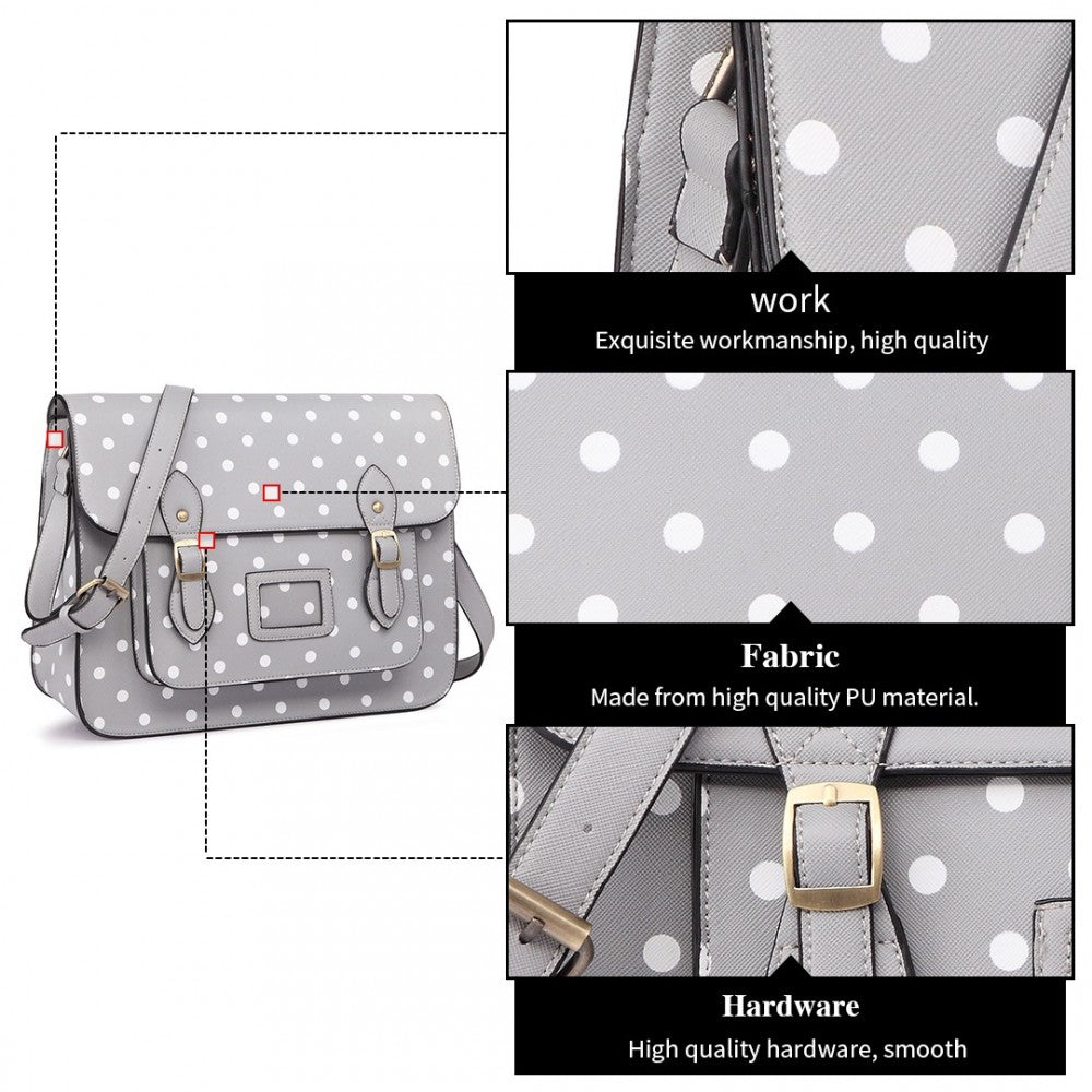 LT1665D2 - MISS LULU POLKA DOT LEATHER LOOK SCHOOL WORK SATCHEL GREY