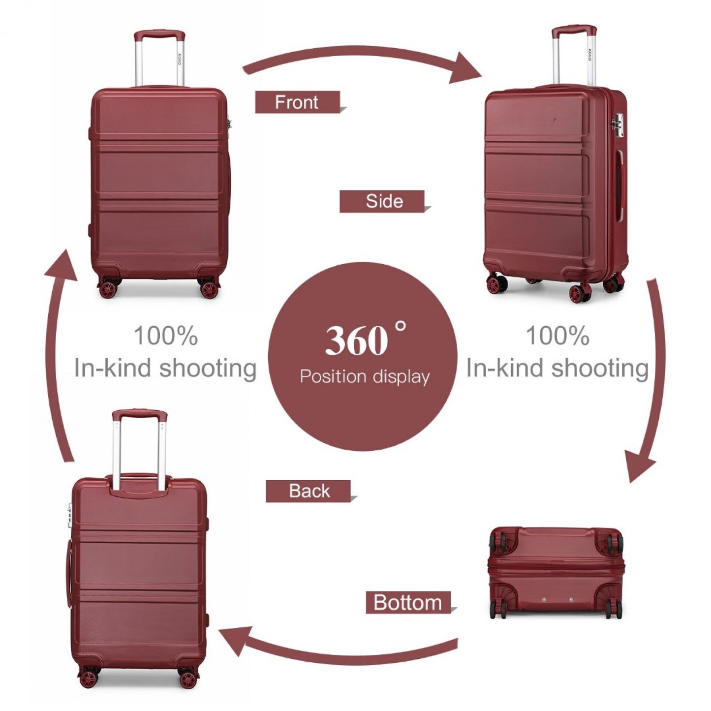 K1871-1L - KONO ABS 20 INCH SCULPTED HORIZONTAL DESIGN CABIN LUGGAGE - BURGUNDY - The Baggage Shop