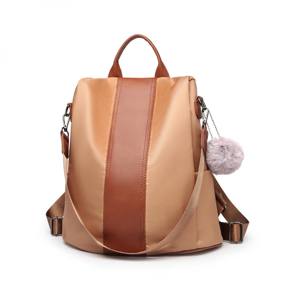 LG1903 - MISS LULU TWO WAY BACKPACK SHOULDER BAG WITH POM POM PENDANT - BROWN