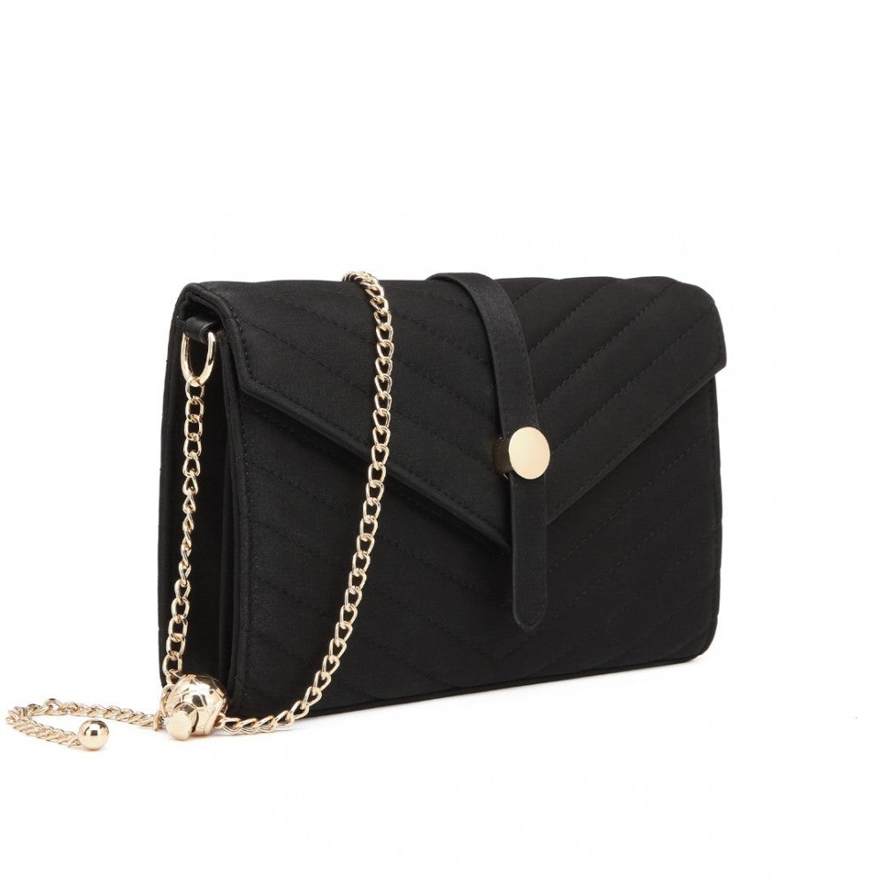 LP2205 - MISS LULU V-STITCHED FLAP LEATHER CHAIN BAG - BLACK