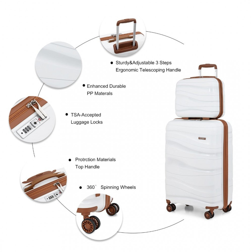 K2094L - KONO 14/20 INCH LIGHTWEIGHT POLYPROPYLENE HARD SHELL 2 PIECE SUITCASE SET WITH TSA LOCK AND VANITY CASE - CREM