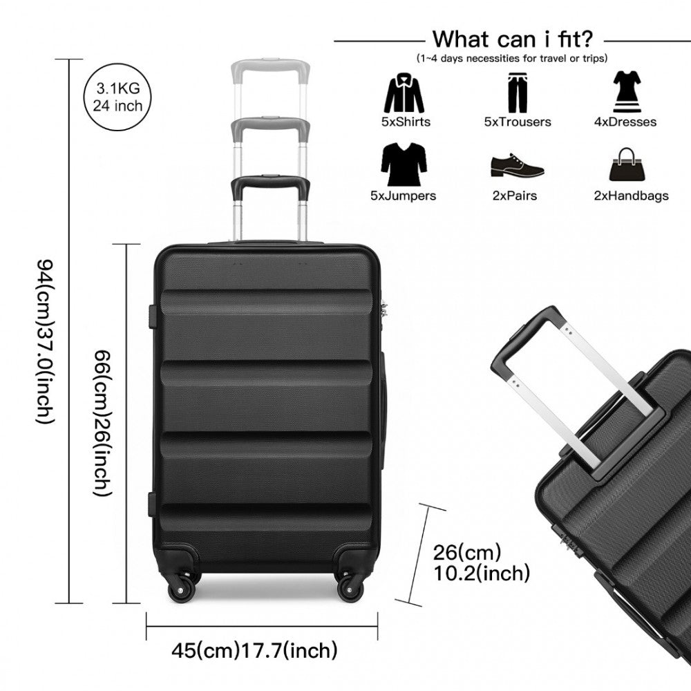 K2191L - KONO 24 INCH CHECK IN LUGGAGE - STREAMLINED ABS HARDSHELL SUITCASE WITH SECURE TSA LOCK - BLACK