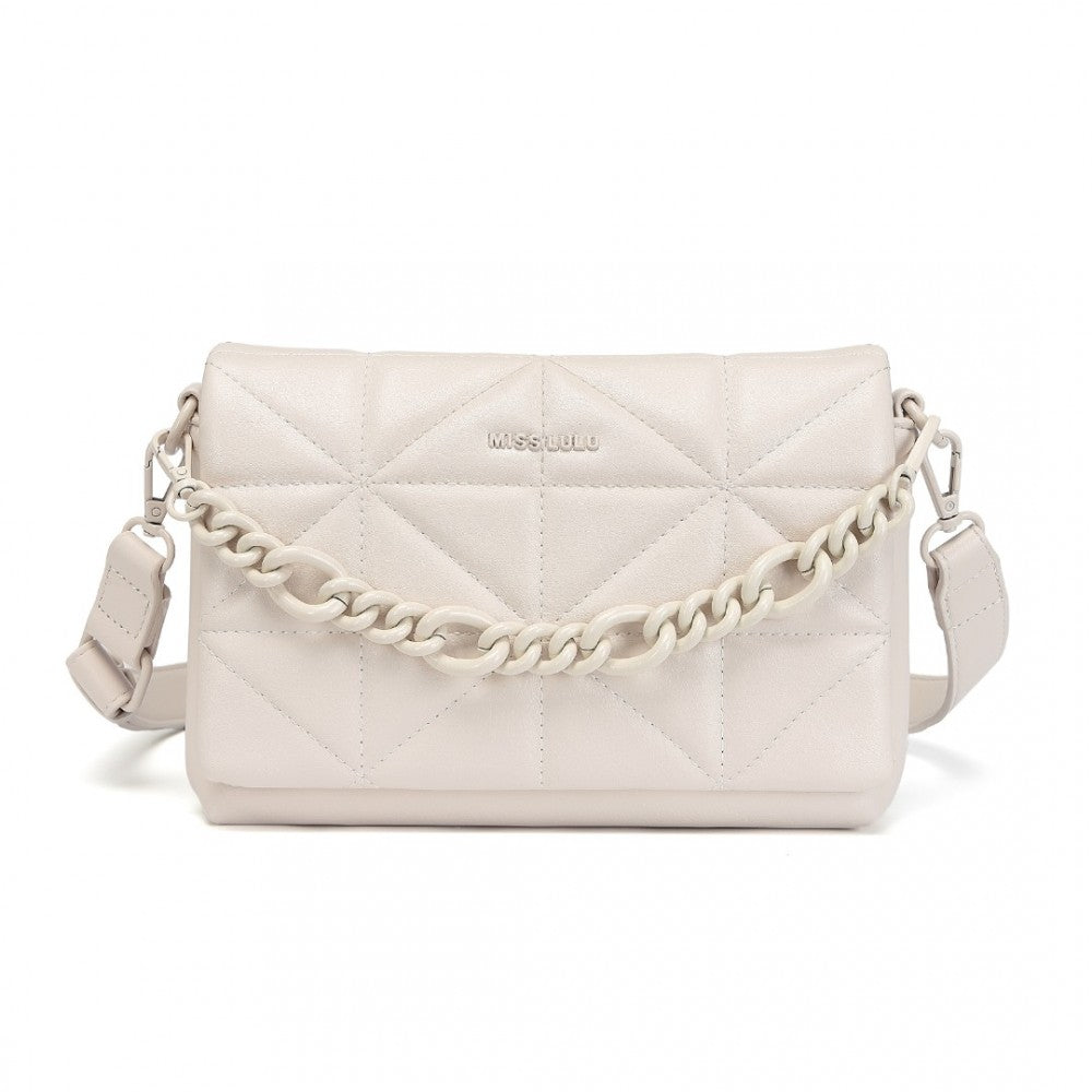 LG2318 - MISS LULU CHIC QUILTED SHOULDER BAG WITH CHAIN STRAP - BEIGE