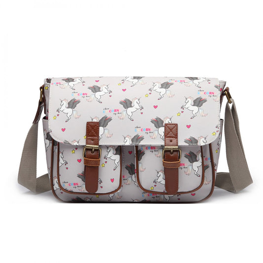 L1107 UN - MISS LULU MATTE OILCLOTH UNICORN SATCHEL - GREY