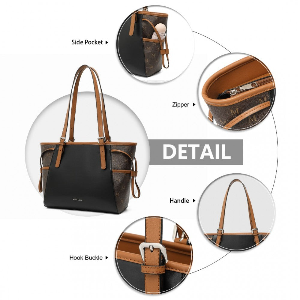 LG2322 - MISS LULU ELEGANT TOTE BAG WITH MONOGRAM PATTERN - BLACK AND BROWN