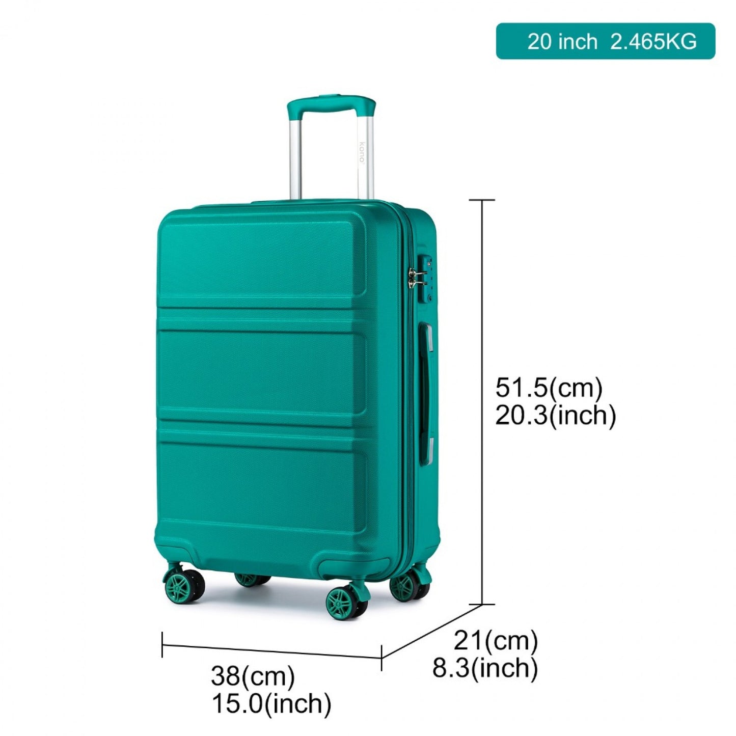 K1871-1L - KONO ABS 20 INCH SCULPTED HORIZONTAL DESIGN CABIN LUGGAGE - TEAL - The Baggage Shop