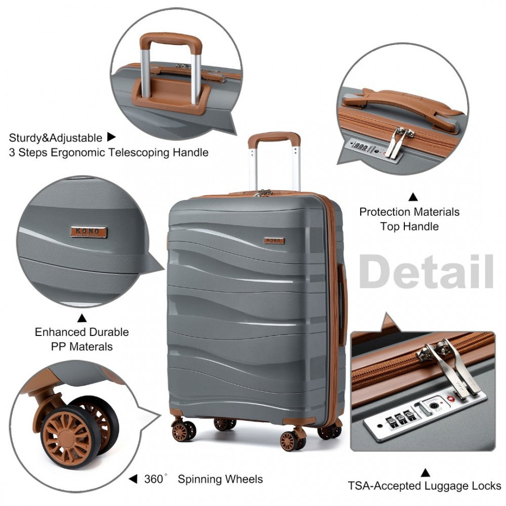 K2094L - KONO 28 INCH LIGHTWEIGHT POLYPROPYLENE HARD SHELL SUITCASE WITH TSA LOCK - GREY AND BROWN