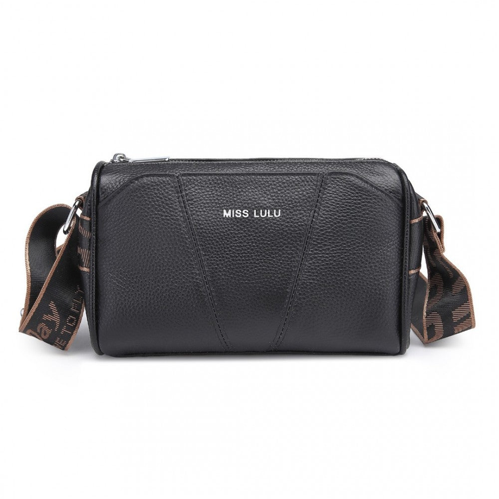 L2310 - MISS LULU SIMPLE AND ELEGANT WIDE STRAP GENUINE LEATHER CROSSBODY BAG - BLACK